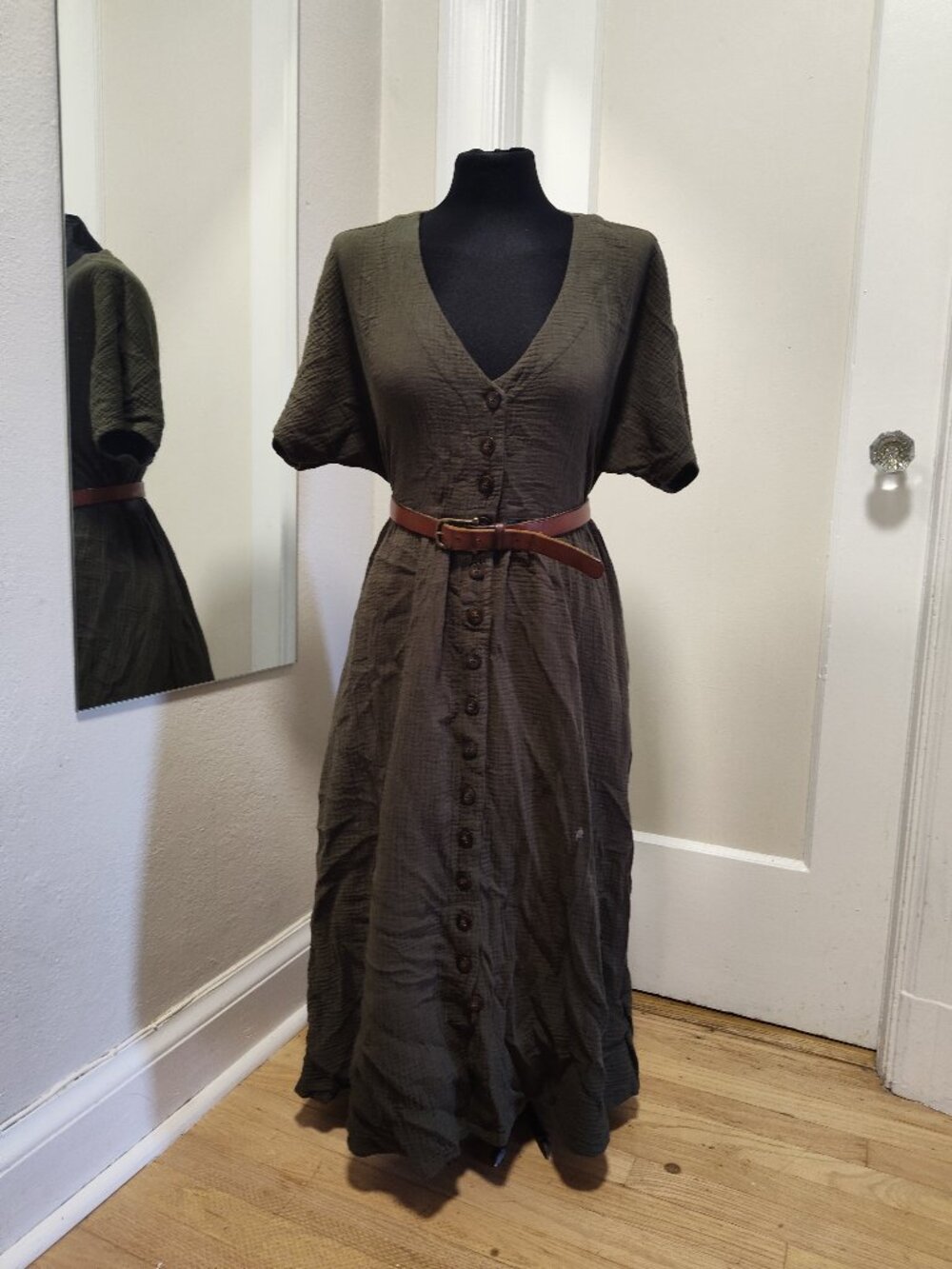 Madewell Nima Double Face Cotton Gauze Midi Dress In Dried Olive